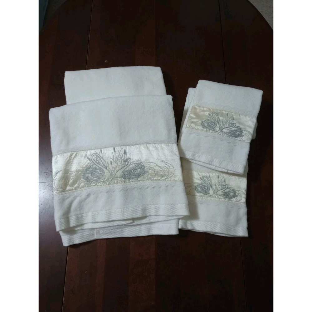 bath towel sets for bathroom Vintage Embroidered White Lace Swan 4pc